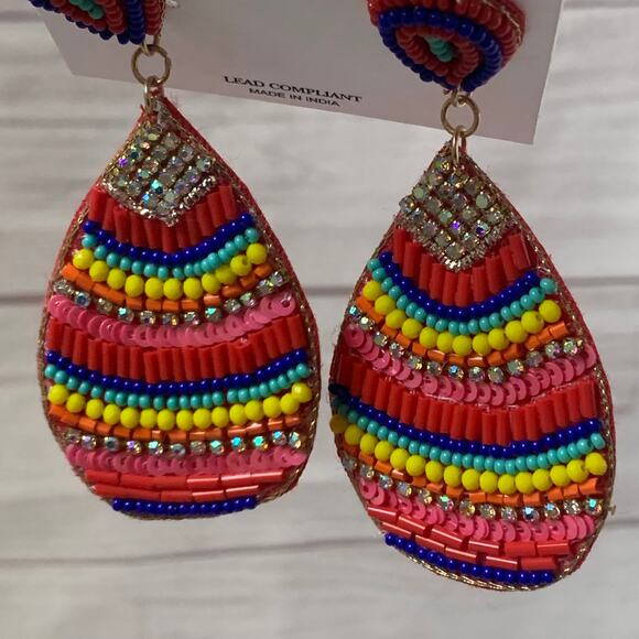 Natasha Multi-Color Beaded Dangle Earrings Striped Felt Back Post Push Back - Picture 2 of 16
